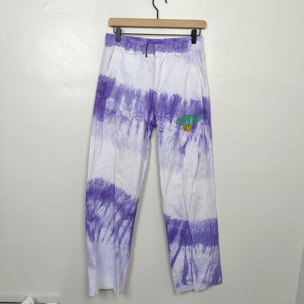OMighty Tie Dye Pants Womens Small White Purple Wide Leg Flower‎ Logo Y2K 90s
